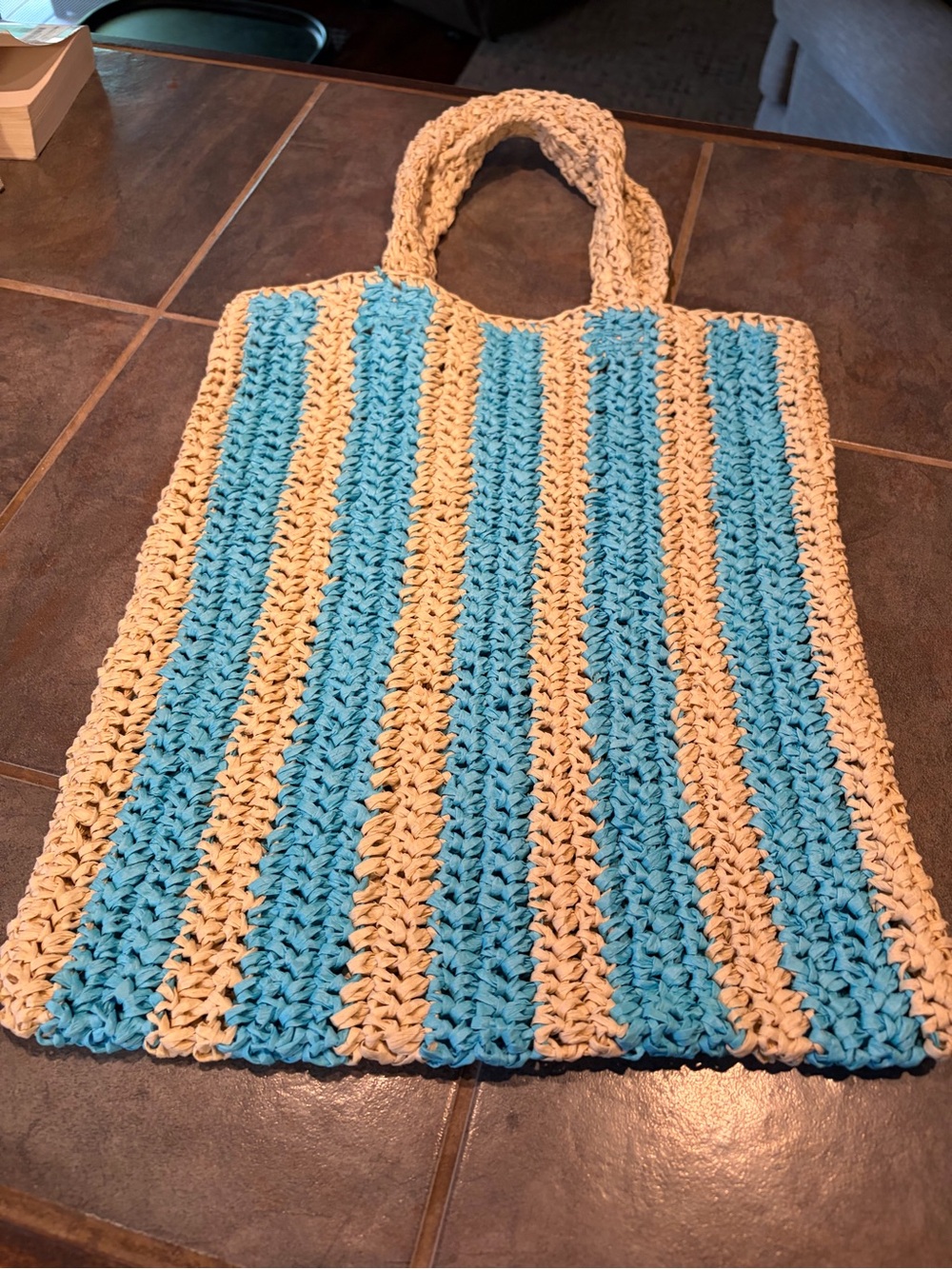 NWOT Blue and Cream Striped Straw Tote Bag